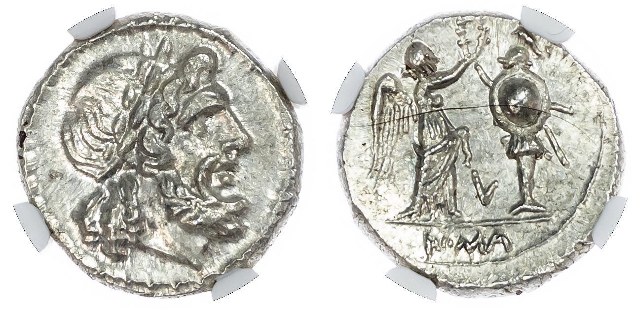 Roman Republic, Anonymous (c. 211-208 BC) AR Victoriatus, uncertain mint, 3.17g.