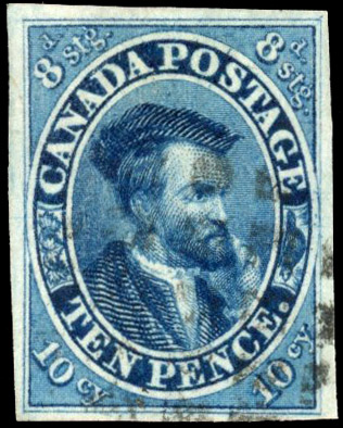 Canada 1852-57 10d bright blue ‘Cartier’ on thin wove paper, fine used, SG 13