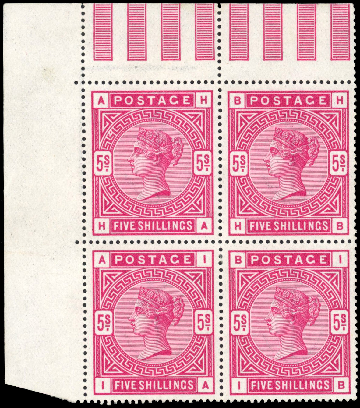 GB: 1880-83 5s crimson, mint unmounted og upper left corner block of four (HA-IB)
