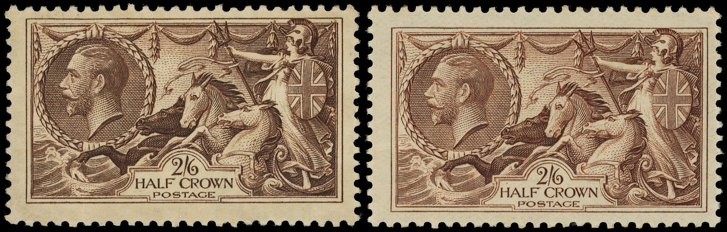 GB: 1934 2s6d chocolate-brown and 2s6d reddish brown re-engraved ‘Seahorse’ shades, large part o.g.
