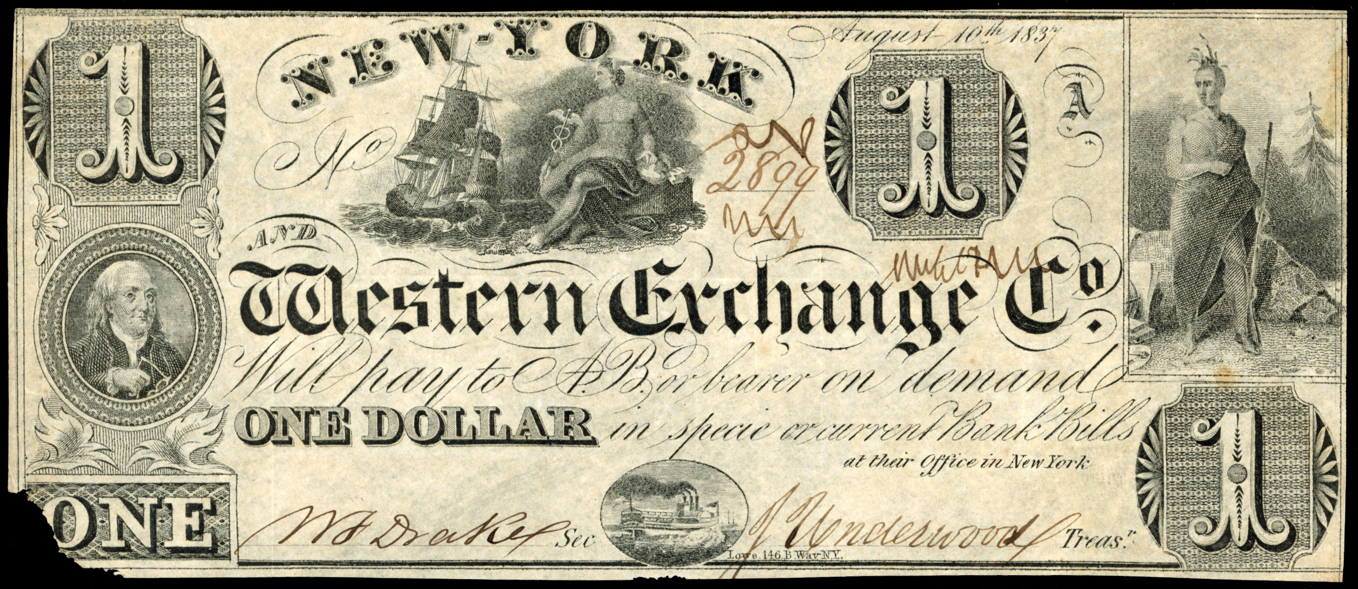 USA, NY. New York, New York Western Exchange Co., Uniface Two Dollars, 10 Aug. 1837. About Fine missing upper …