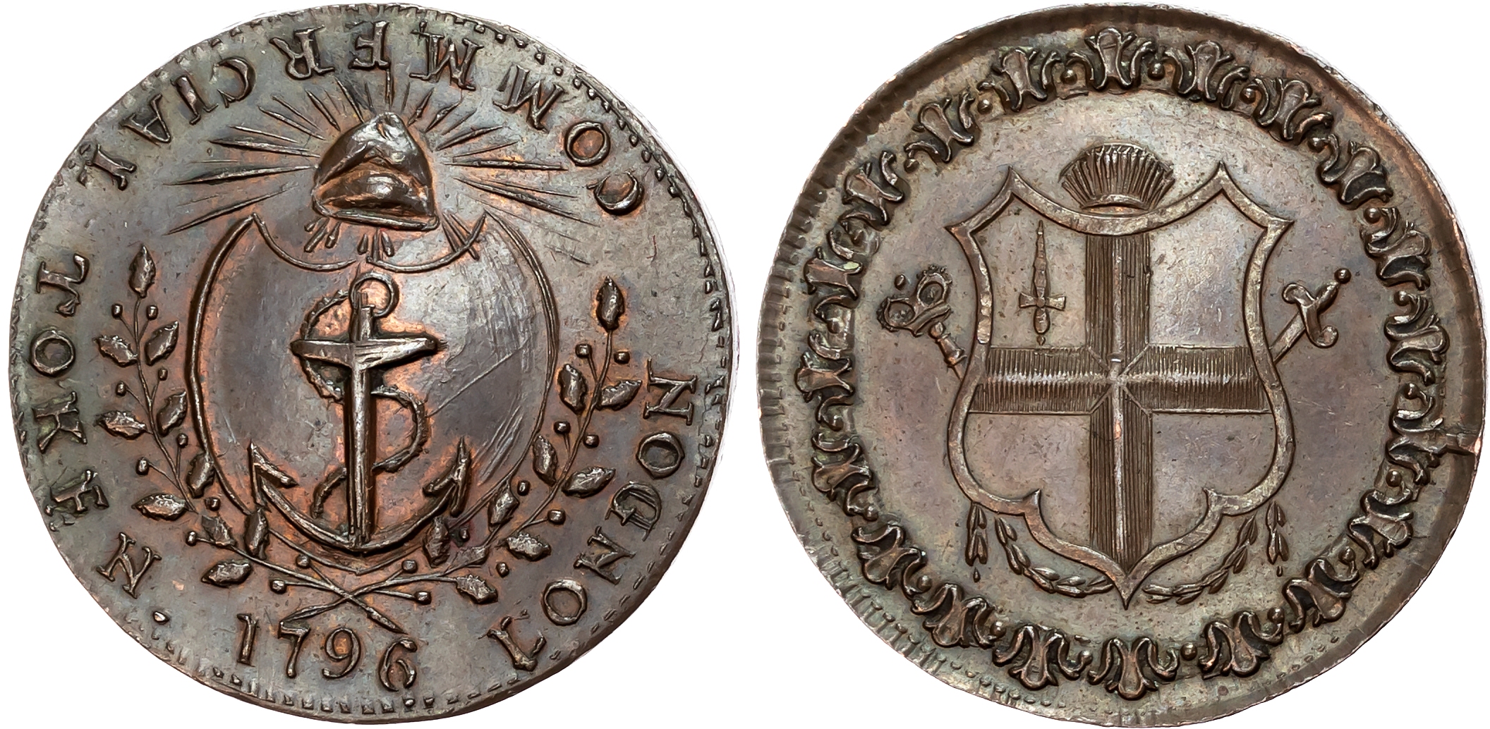 London , West Smithfield, “Commercial” Halfpenny 1796, Cap of Liberty over anchor in shield, rev . Arms of the City of L …