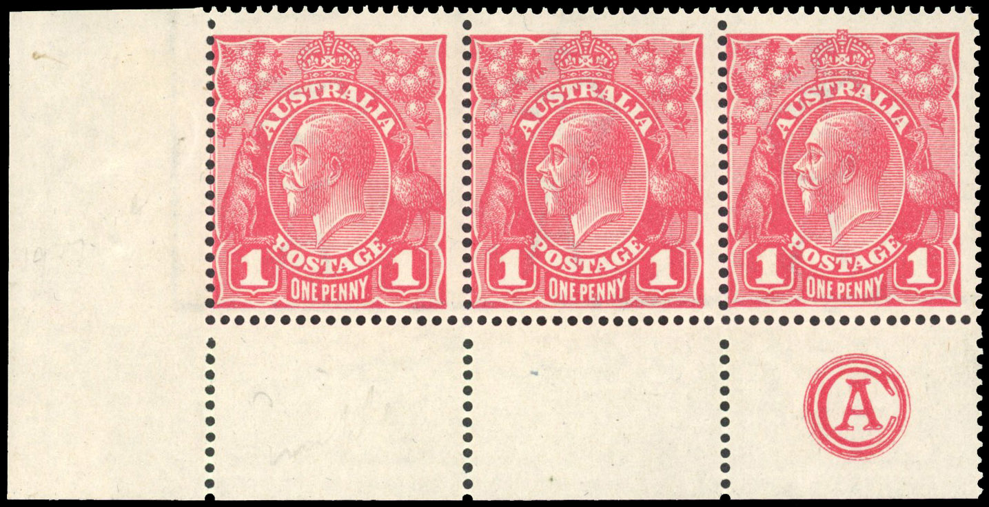 Australia 1914-20 1d carmine-pink monogram strip