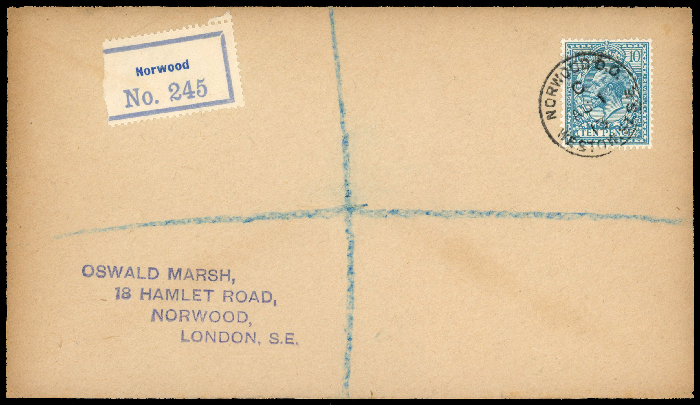 1913 10d Turquoise-blue. Very fine used example tied to a plain 'Marsh' registered FDC