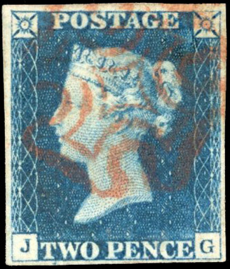GB 1840 2d blue, plate 2 (JG), cancelled by light red Maltese cross