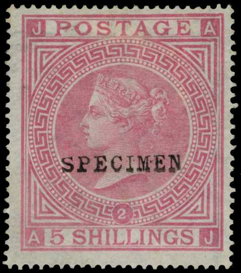 1874 5s pale rose Pl.2, overprinted "SPECIMEN",...
