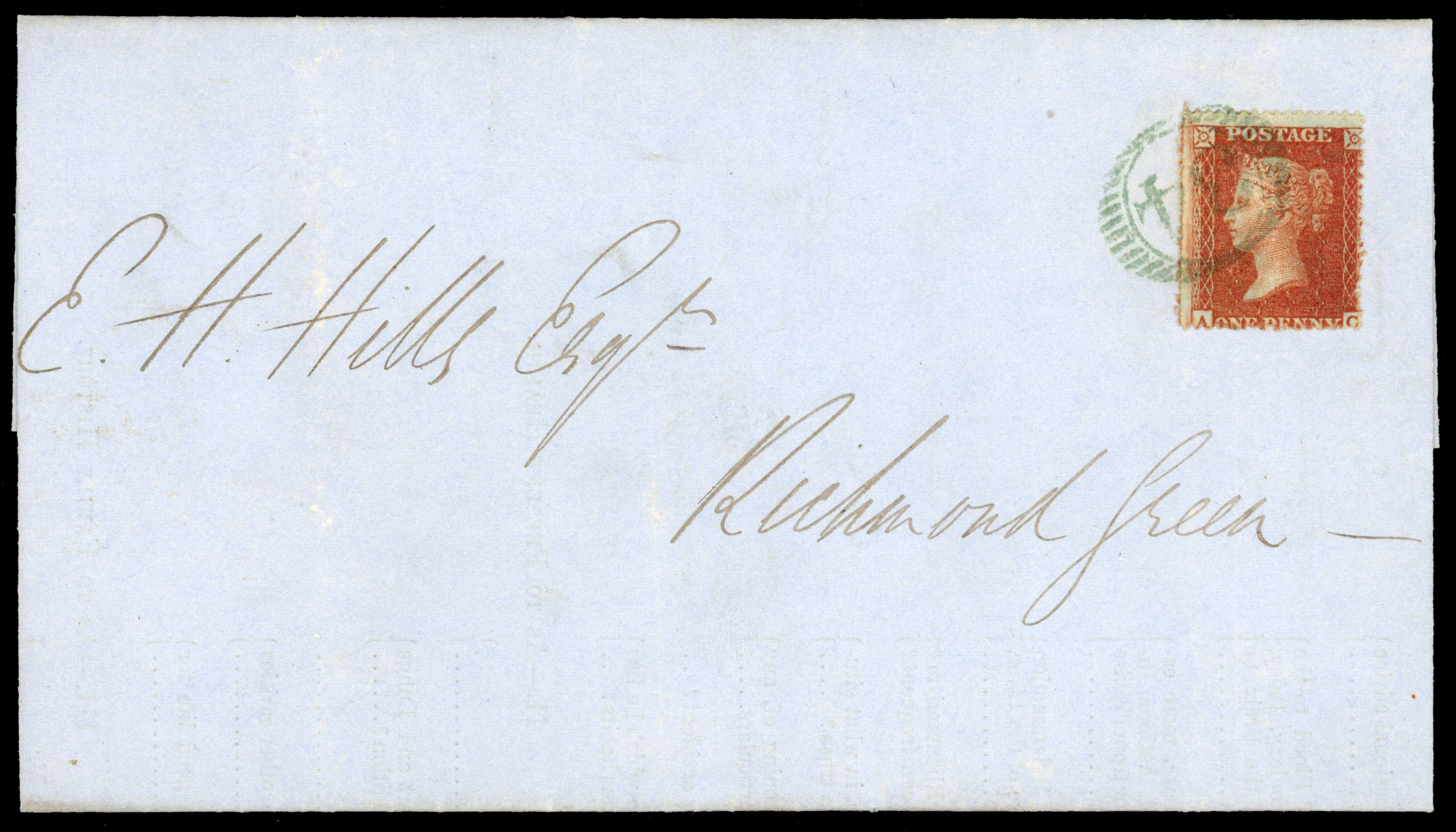 1854 1d Red brown (Die I, Alphabet II, Wmk. Small Crown, Perf.16) green numeral on cover