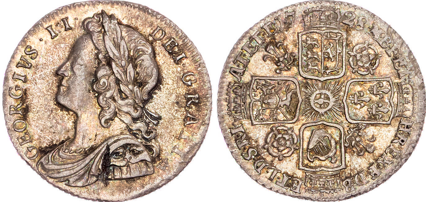 George II (1727-1760), AR Sixpence, 1728, roses and plumes.