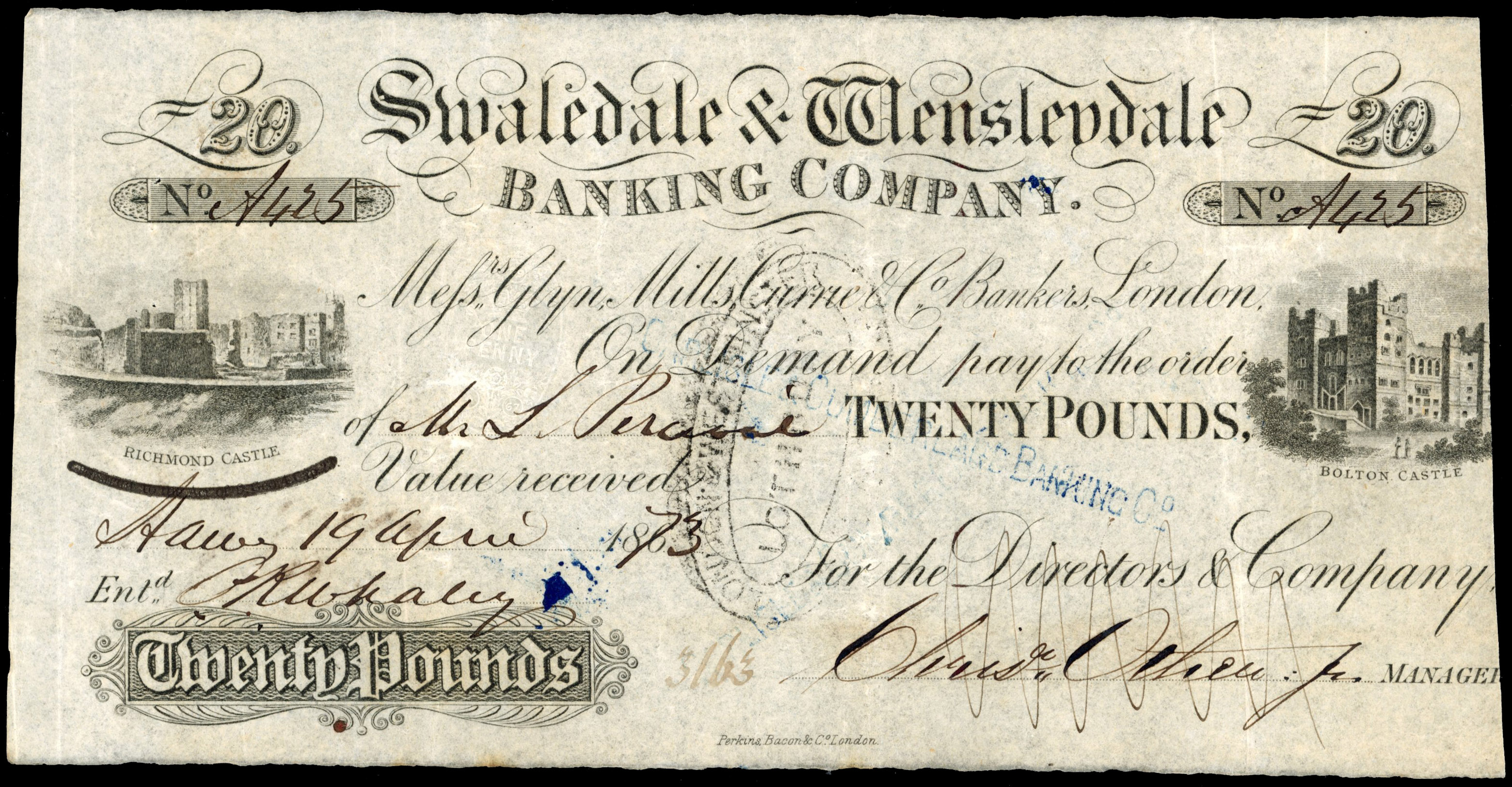 HAWES, Swaledale & Wensleydale Banking Company, £20.,19 Apr. 1873, to Lodge Percival for the directors of the …