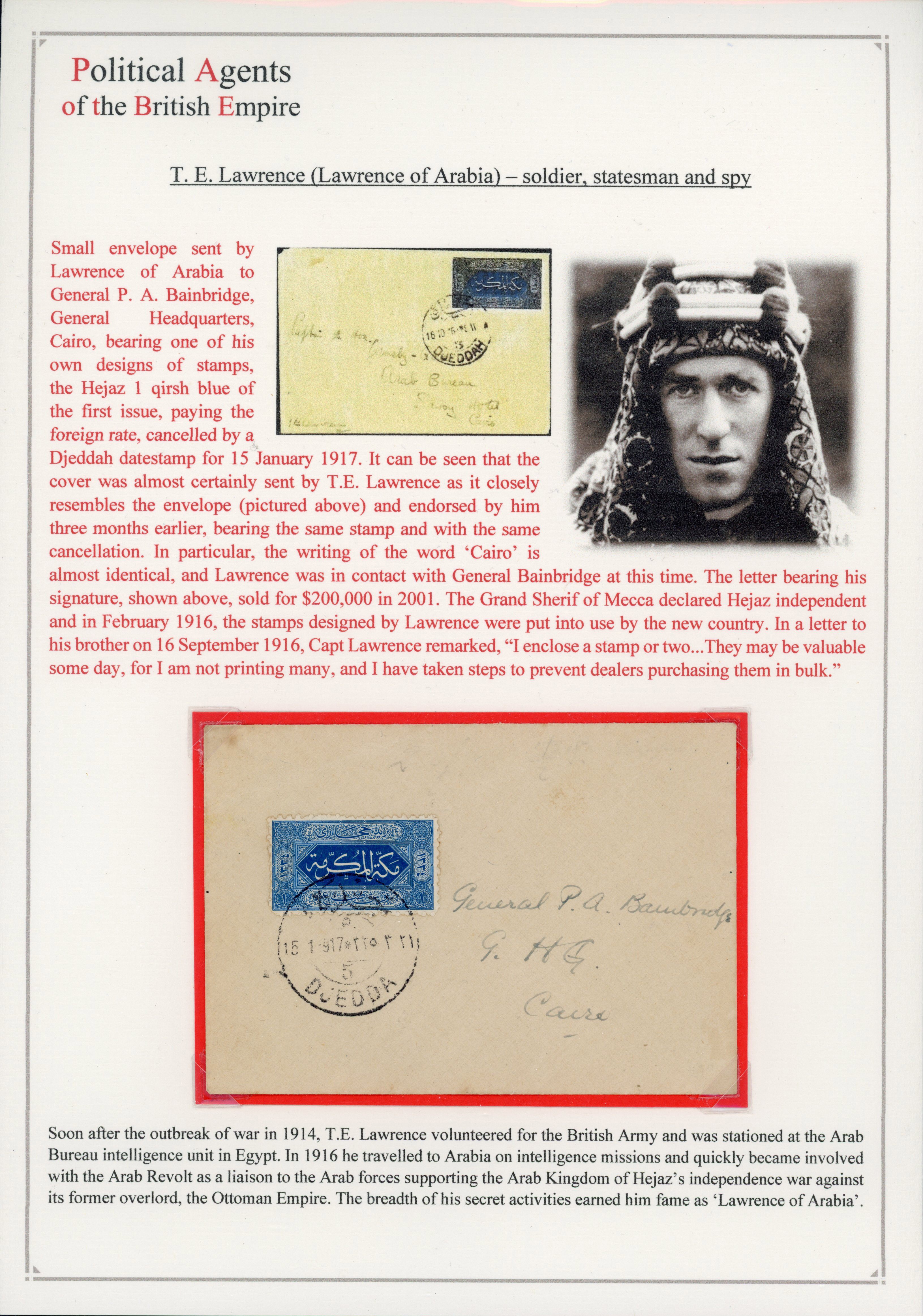 Saudi Arabia 1917 envelope written by T.E. Lawreance