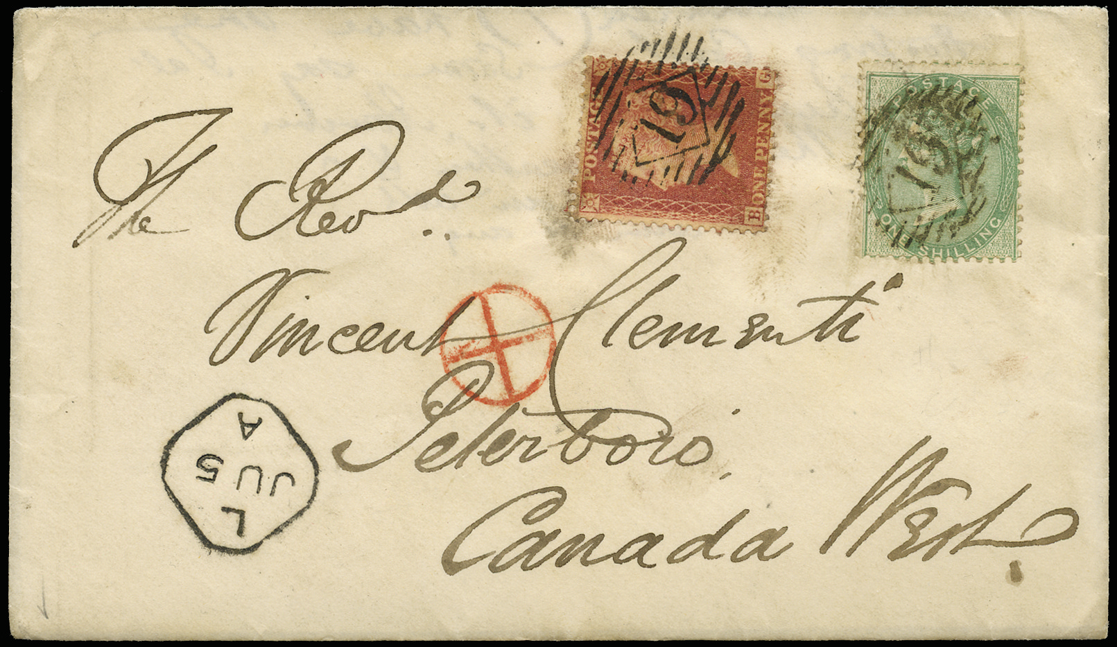 SG40, 72 1858 Overseas Mail London to PeterBoro Canada