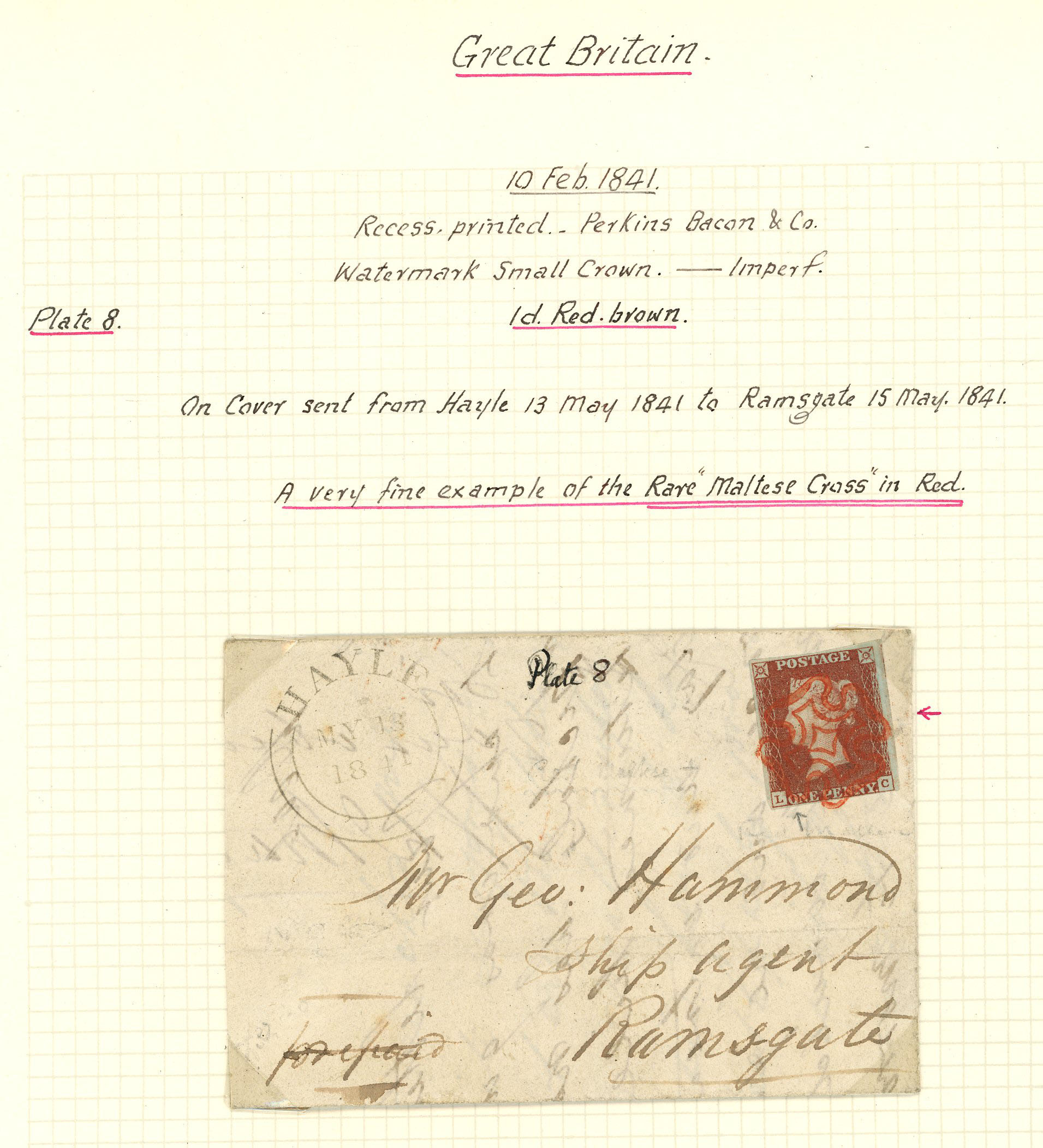 1841 entire letter from Hayle to Ramsgate franked by 1d red-brown Plate 8 (LC) touching to good...