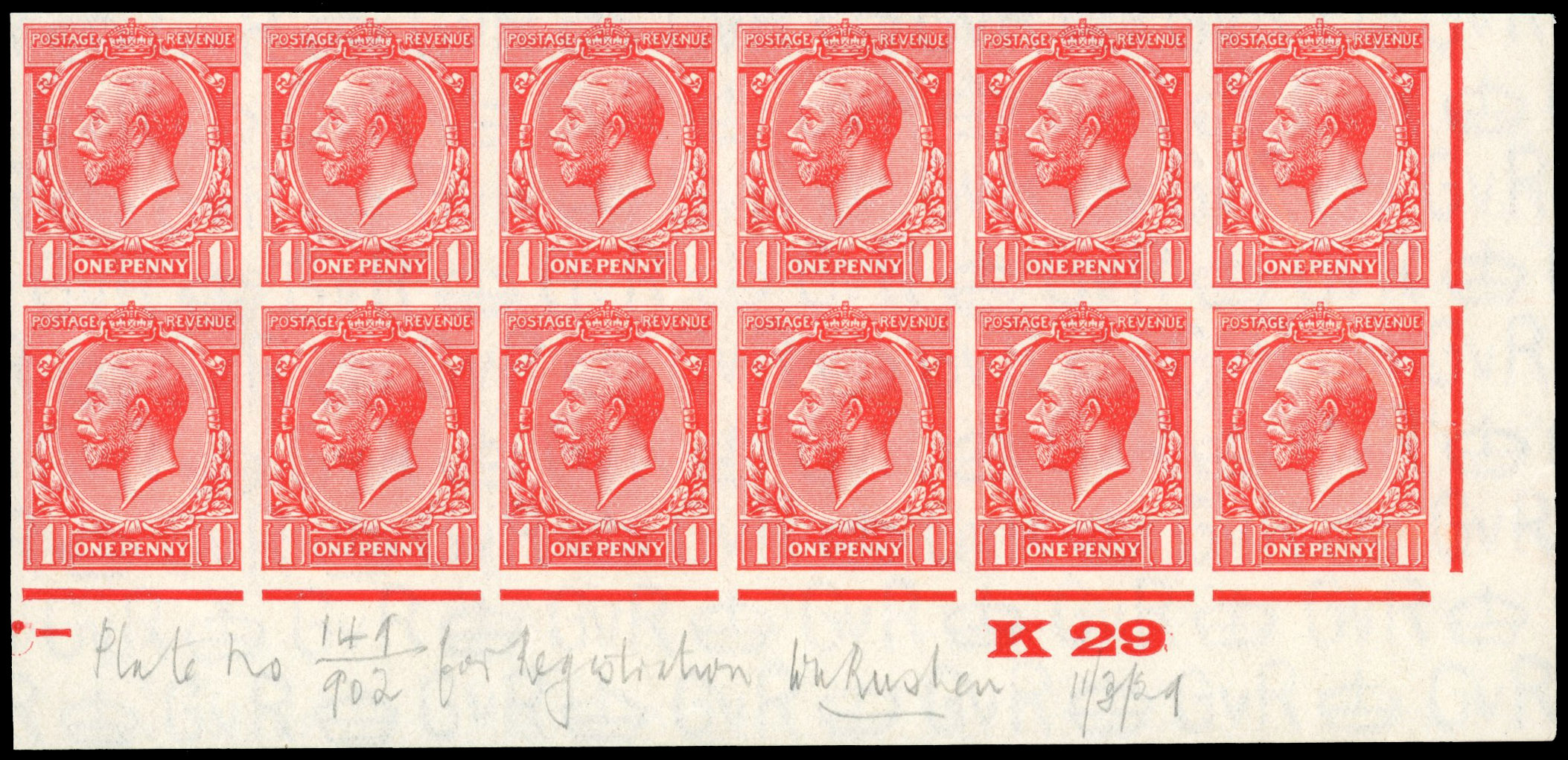 Great Britain 1929 1d Scarlet, Control Block of Twelve, BPMA Imprimatur, SG 419