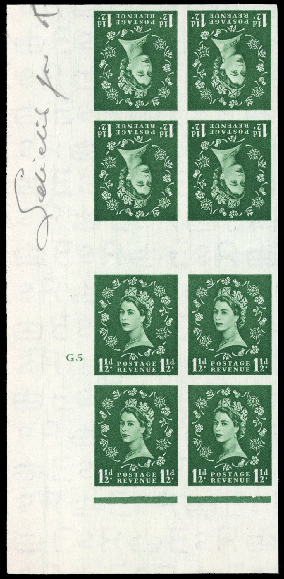 Great Britain 1952 1½d Green, Vertical Tête-bêche Pair, BPMA Imprimatur, SG 517
