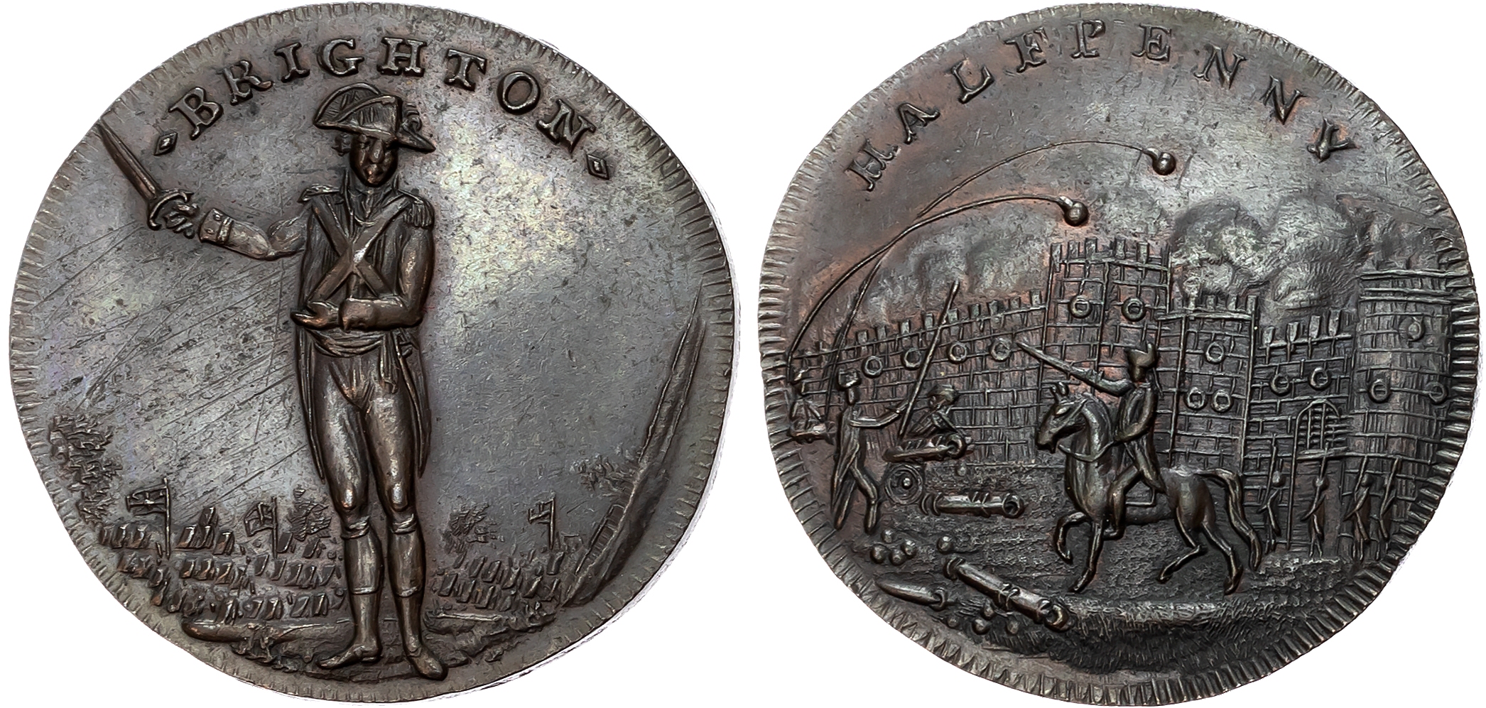 Suss.  B righton , Skidmore’s Halfpenny 1795, Officer standing directing with sword, rev. Mounted officer directing fire …