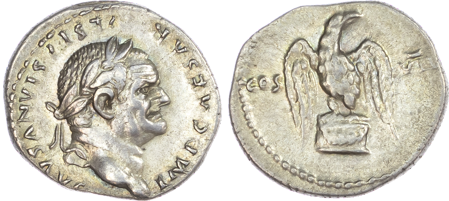 Vespasian (AD 69-79) AR Denarius, Rome, AD 76, 3.53g. IMP CAESAR VESPASIANVS AVG, laureate head of Vespasian facing right.