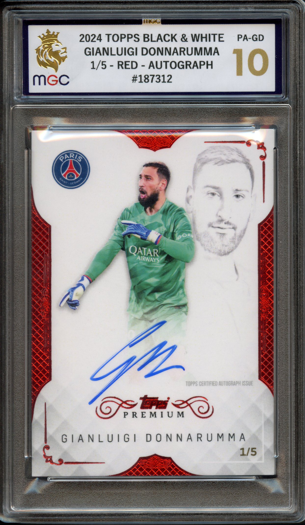 MGC 10 2024 Topps Black & White Gianluigi Donnarumma 1/5 Red Autograph
