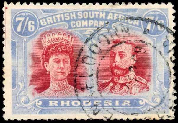 Rhodesia RSC C 1910 7s6d deep rose-red and grey-blue forged postmark