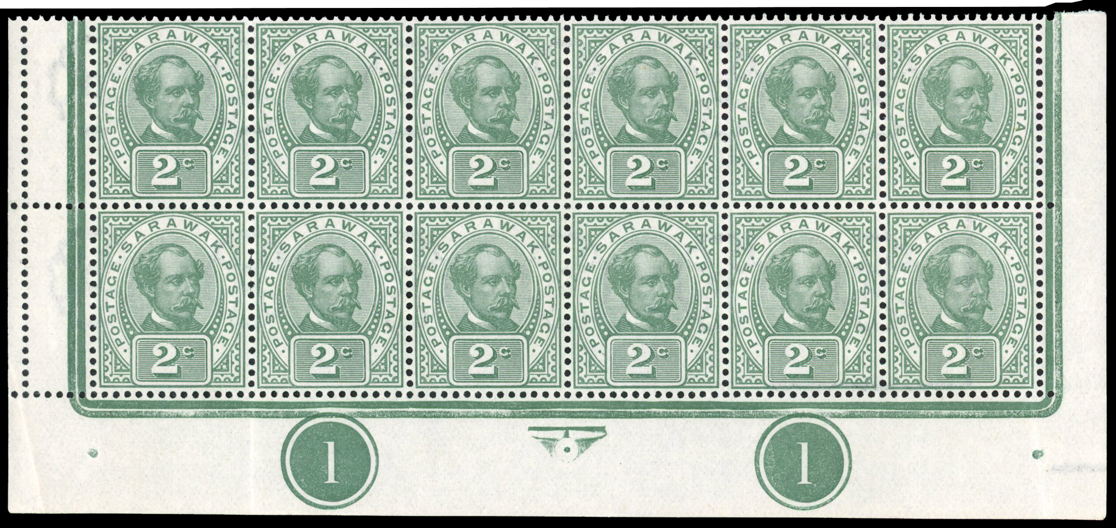 Sarawak 1902 2c wmk rosette block of 12 unmounted
