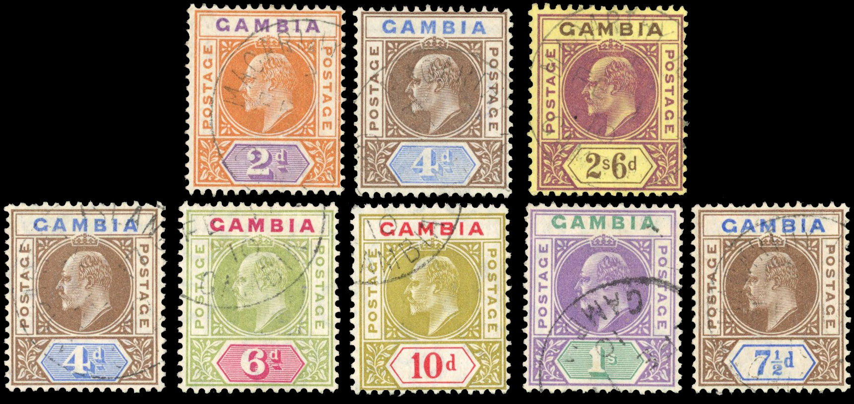 Gambia 1902-9 KEVII group of eight Madame Joseph forged Macarthy Island CDS SG 47, 50, 55, 62, 64, 66-7, 79.