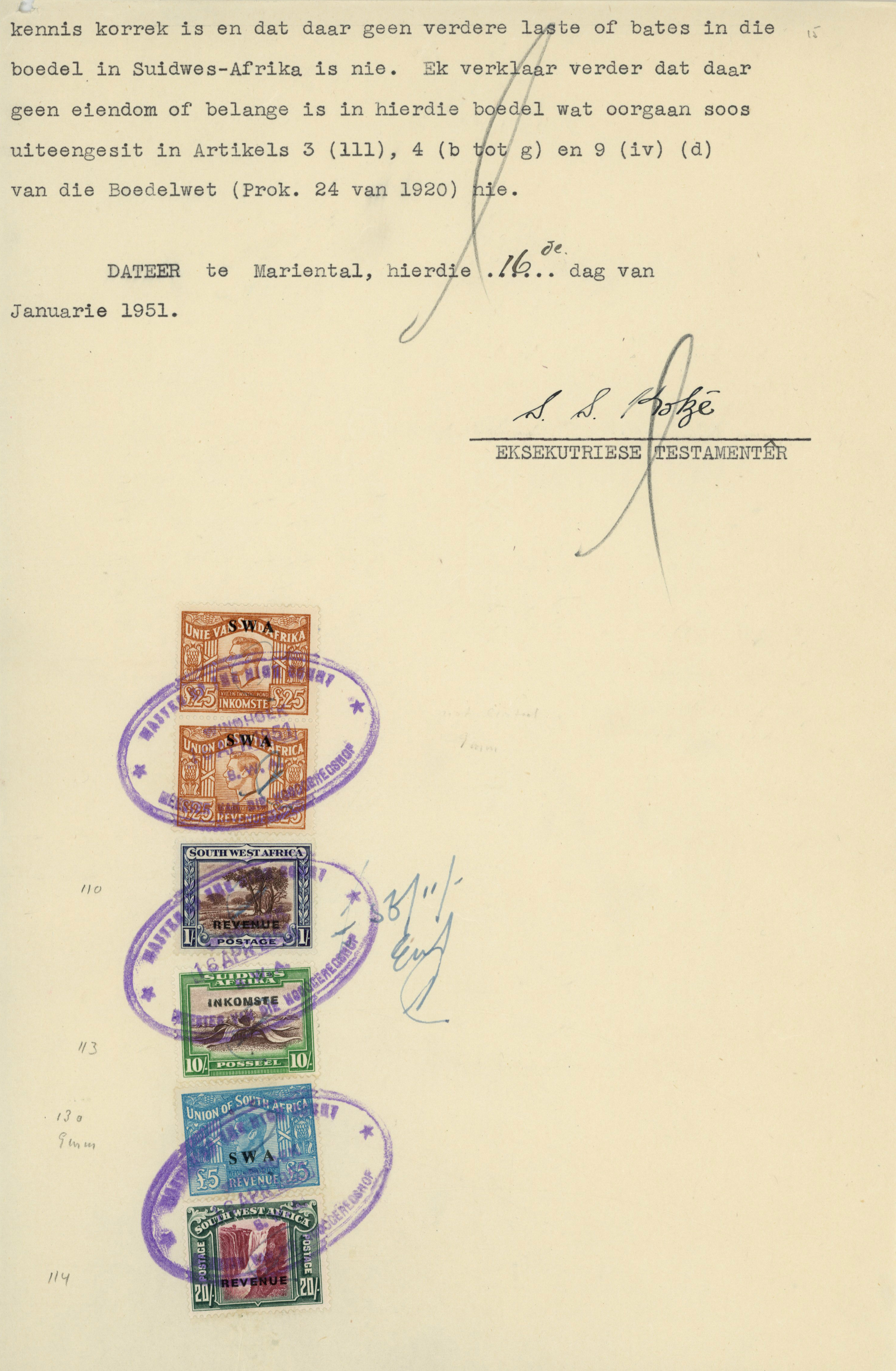 South West Africa; Revenues. Jacobson "Series 6" issue overprinted "SWA"