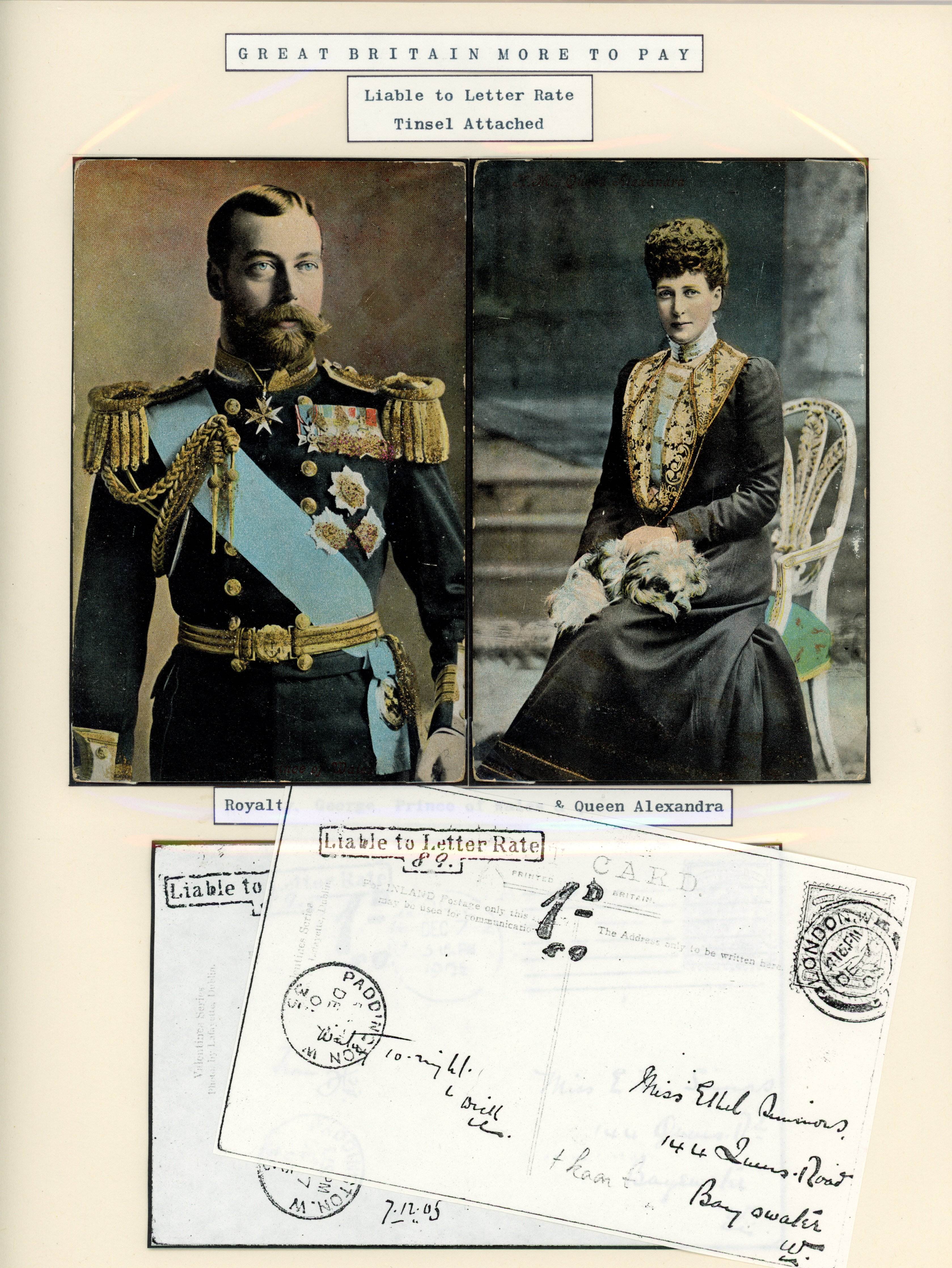 Great Britain 1905 pair of novelty postcards of royals with glitter attached