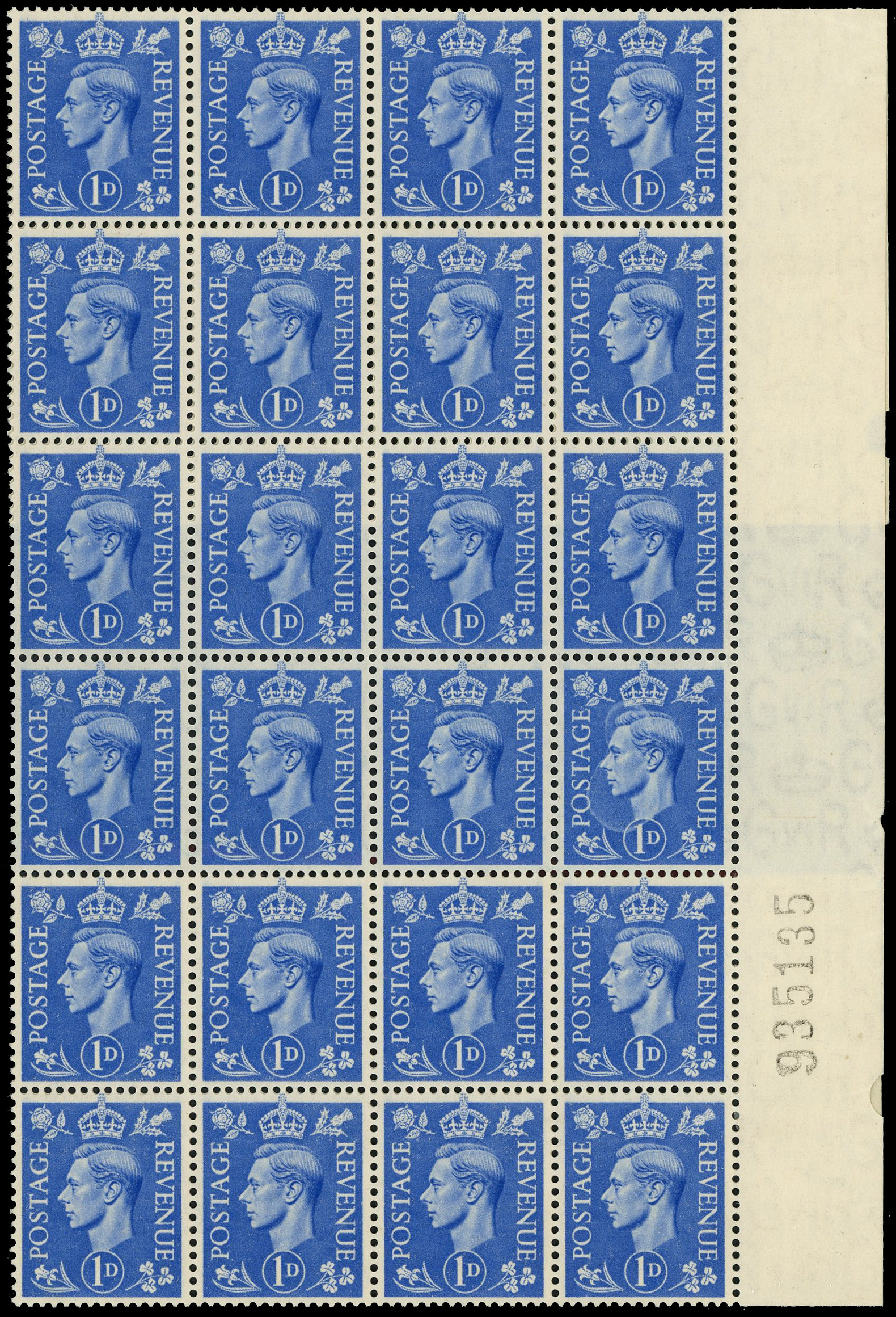 GB SG 504 1951 1d block with 'keyhole' flaw mint