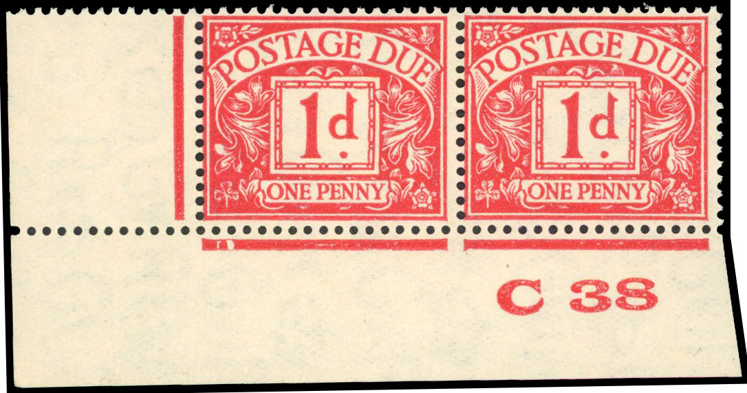 1938 1d Due mint Control pair (SG D28wi), watermark sideways-inverted