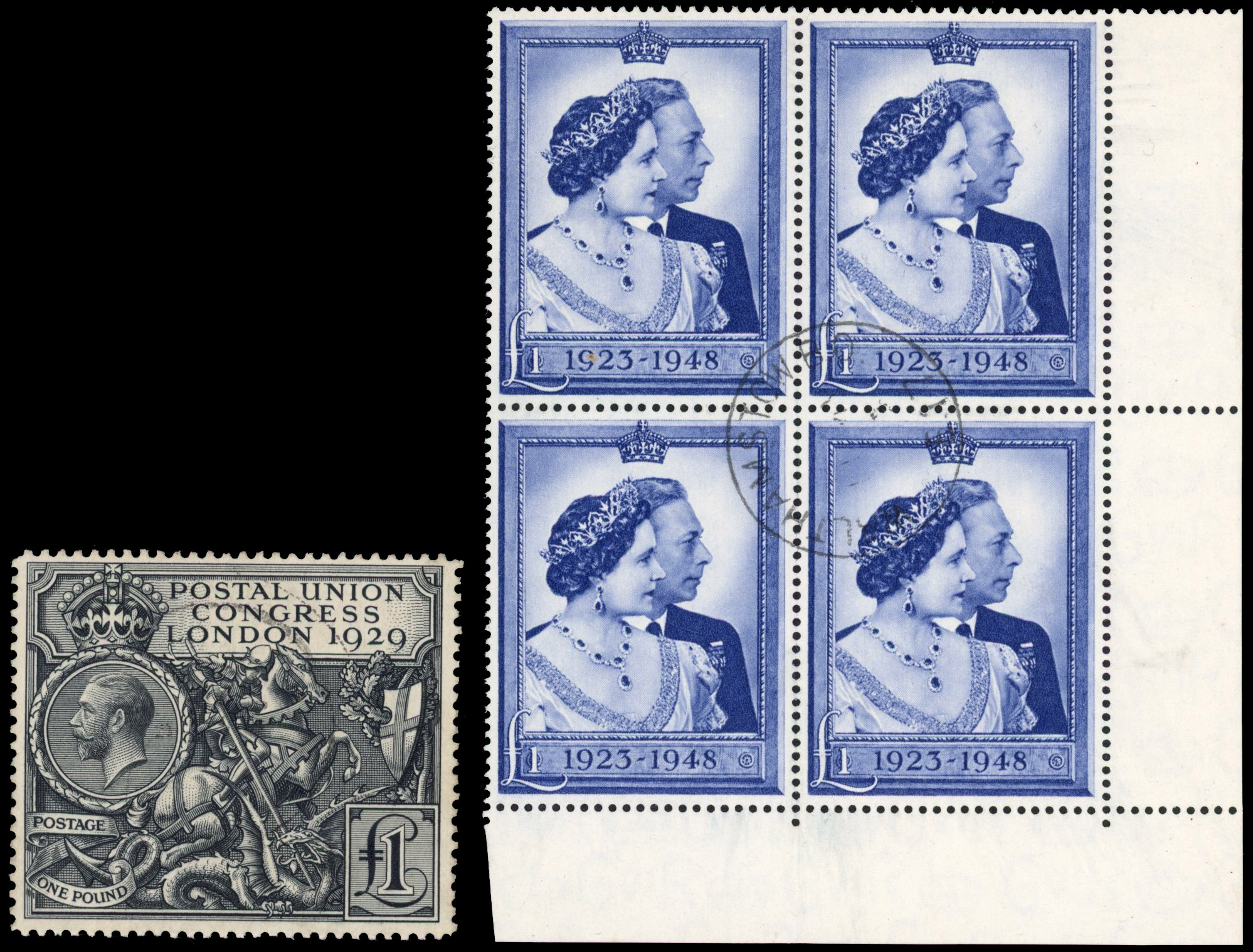 GB 1929 PUC £1 used and 1948 RSW £1 used block of four 