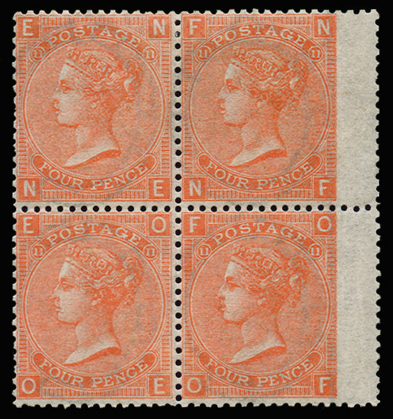 Great Britain 1869 4d Vermilion Pl.11. Very fine and fresh unused o.g. right hand wing margin block of four letter…