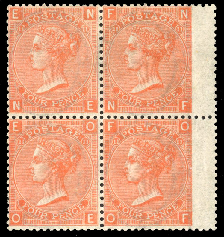 GB 1865-67 4d vermilion Pl. 11, right wing marginal block of 4, SG 94