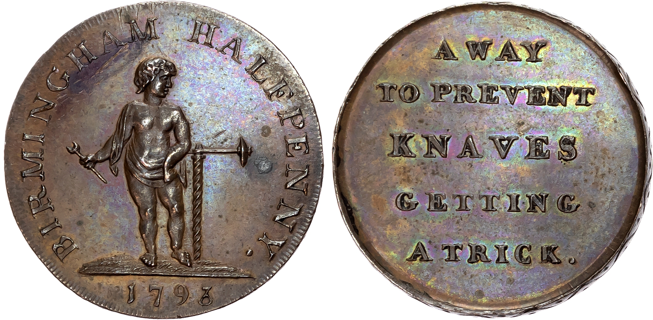 Warks . Birmingham , Kempson’s mule Halfpenny 1793, Boy with auger, rev . A WAY TO PREVENT KNAVES etc, edge engrailed, …