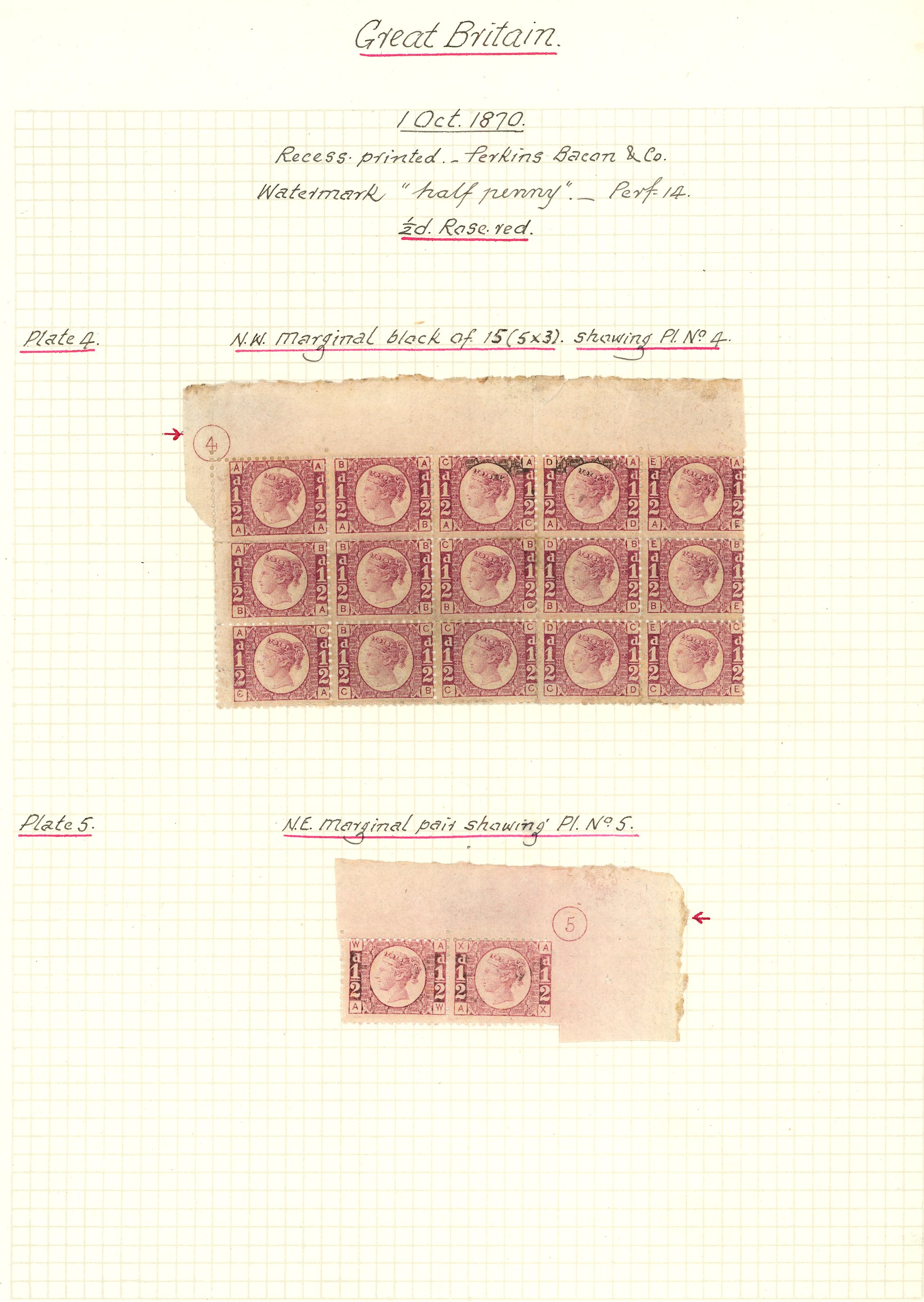 1870 ½d rose-red Plate 4 (AA-CE) top marginal block of 15...