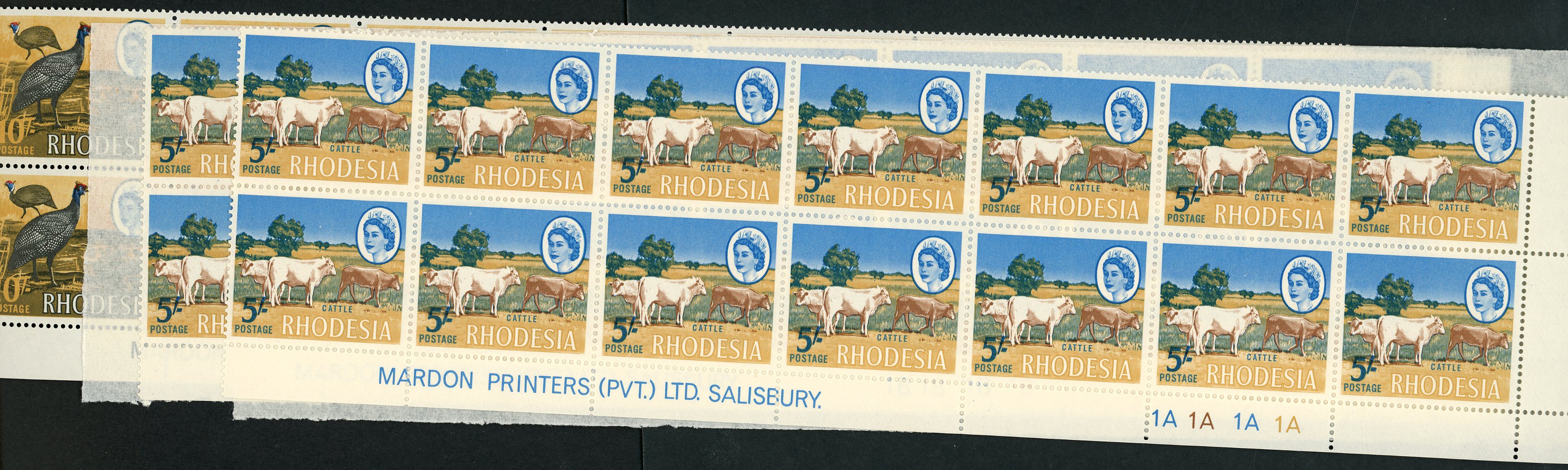 Rhodesia 1966 Mardon Trial printing of 5/- and 10/- imprint and cylinder blocks SG...