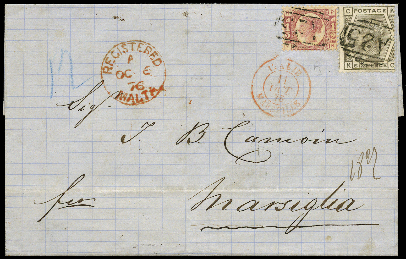 SG48,147 (Z23+Z64) 1876 Malta to Marseille registered cover