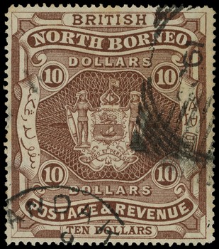 1889 $10 brown, used with part Sandakan CDS and part of a squared circle cancel. SG 50, £425