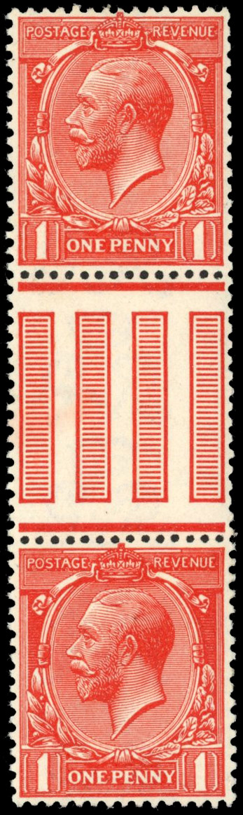 GB 1912-24 Royal Cypher 1d very deep dull vermilion, unmounted mint vertical interpanneau gutter pair