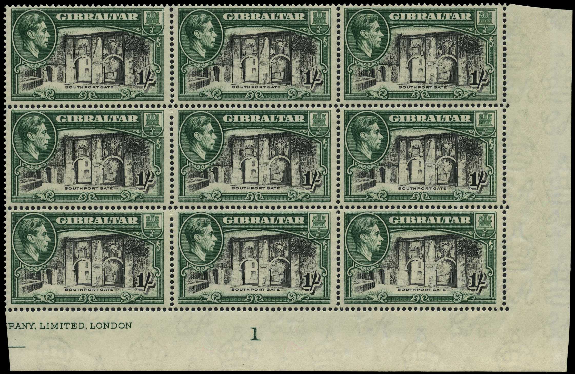 Gibraltar 1938 1/- perf 14 Plate block mint