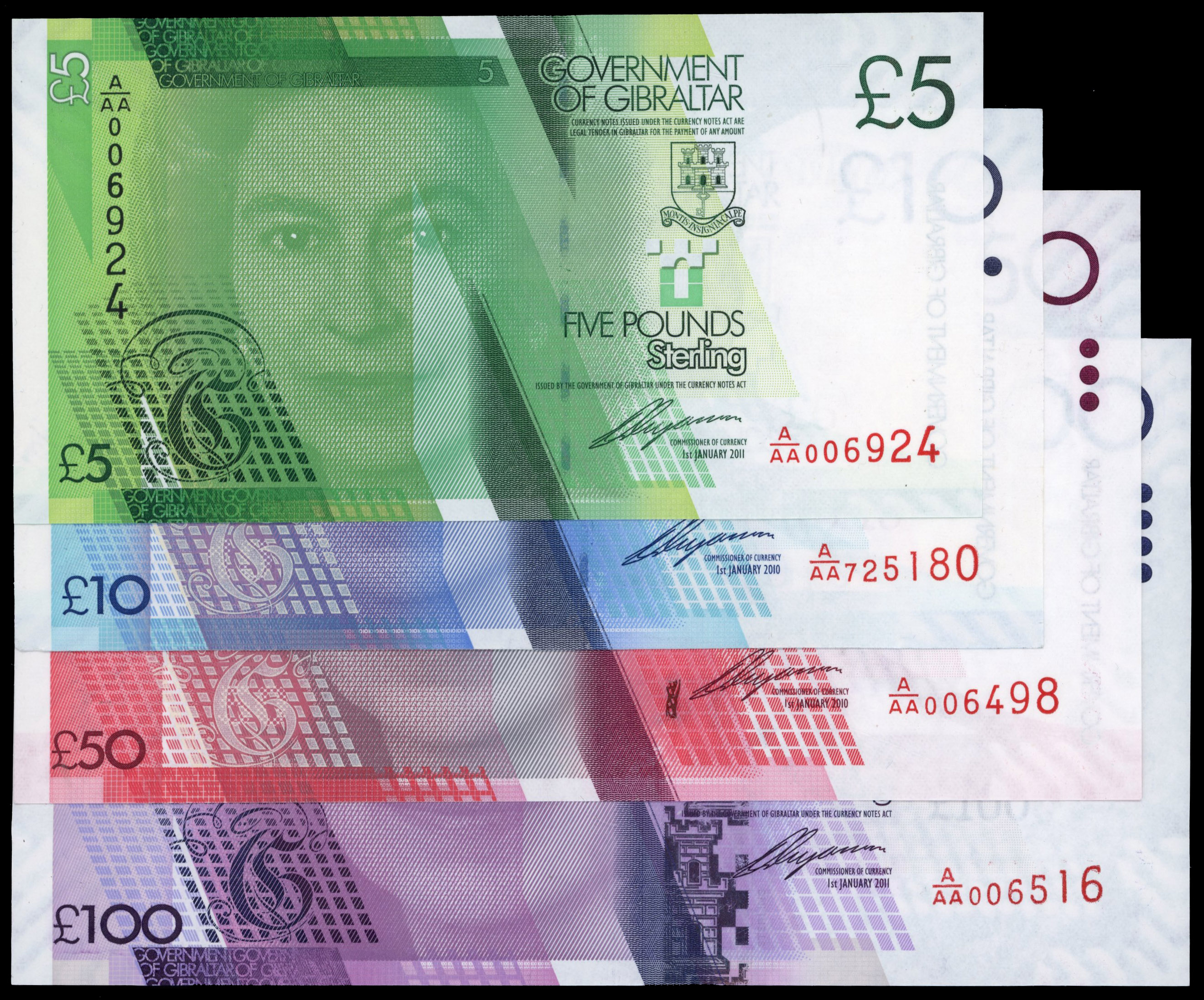 Gibraltar, Government, Five Pounds, 1 Jan 2011, A/AA 006924, Ten Pounds, 1 Jan 2010, A/AA 725180, Fifty Pounds…