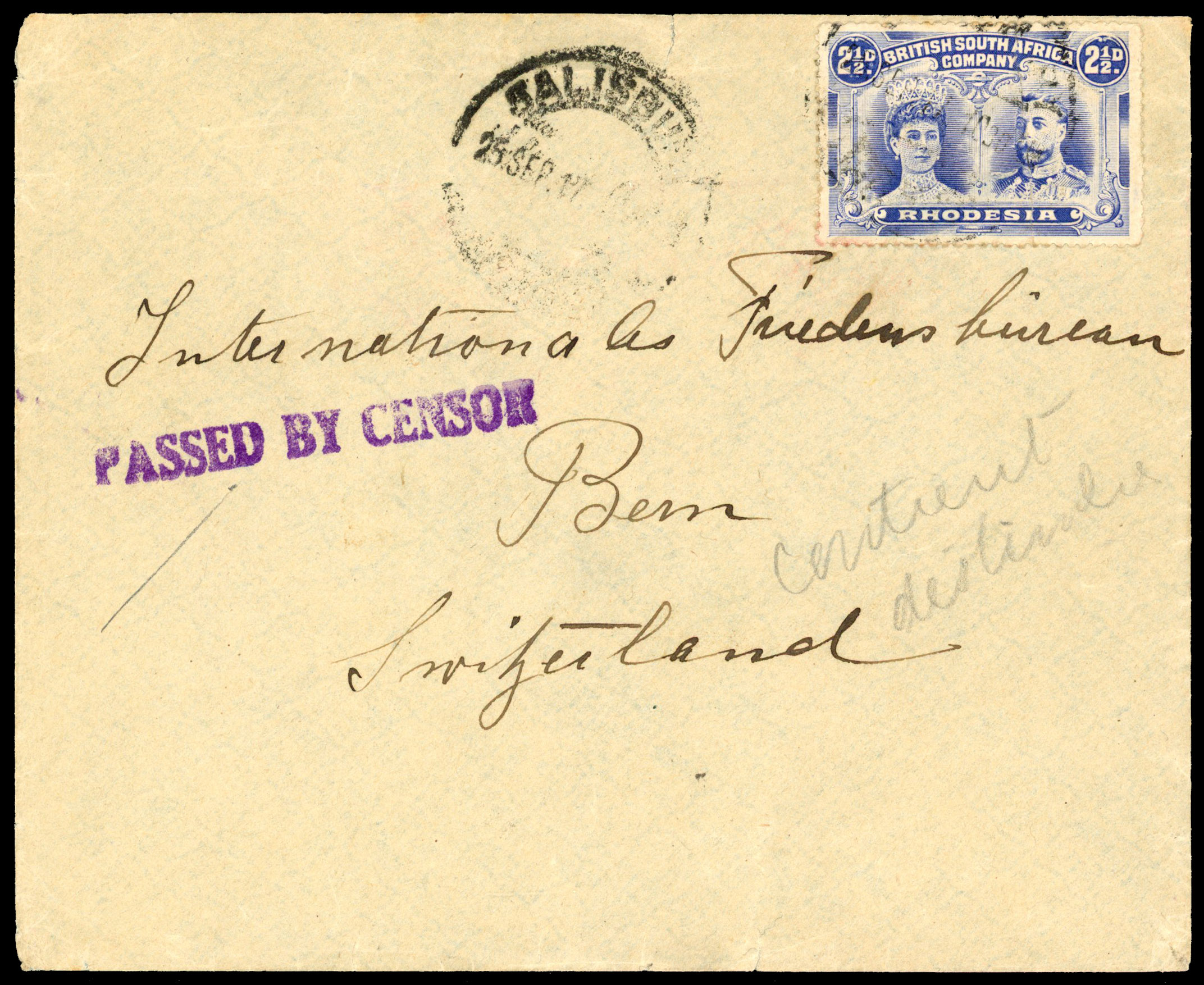 Rhodesia 1917 censored cover from Salisbury to Switzerland