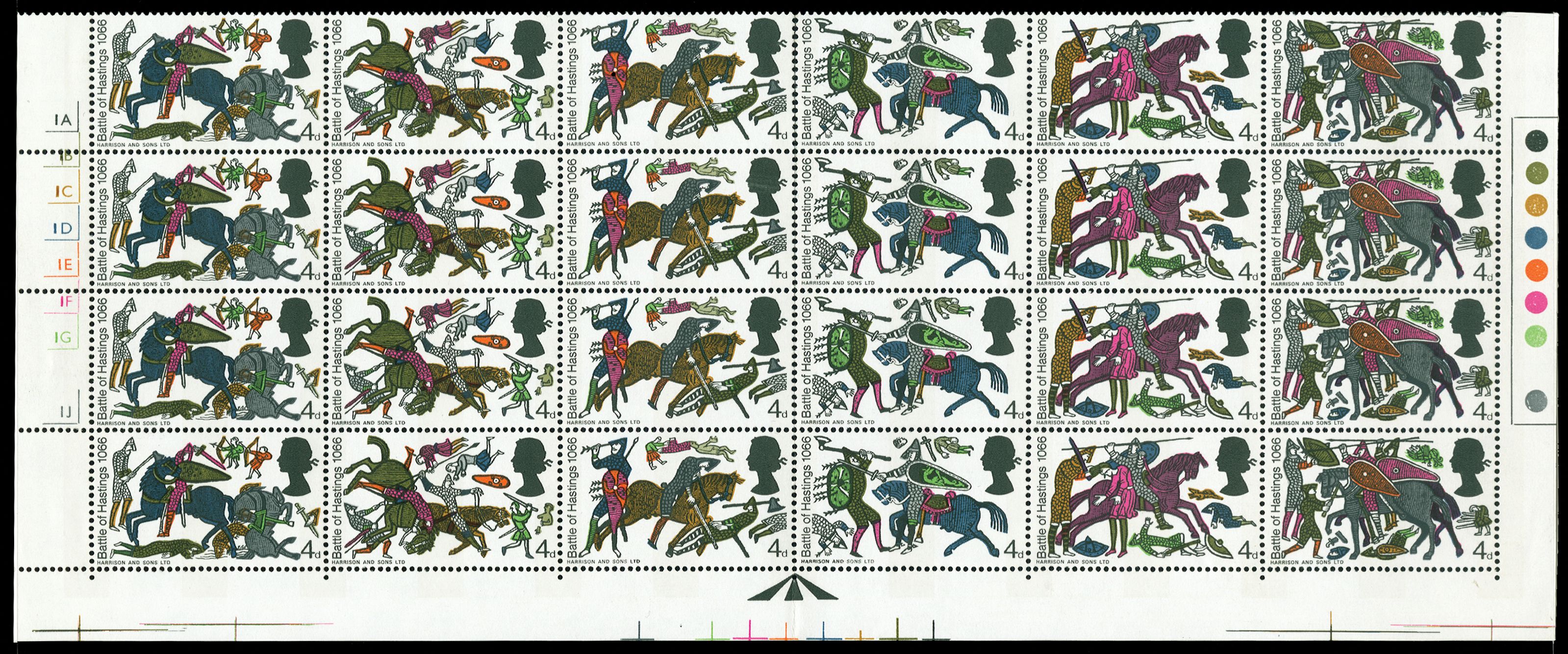 1966 4d Battle of Hastings (Phosphor). Very fine unmounted o.g. bottom marginal cylinder block of 24 showing four...