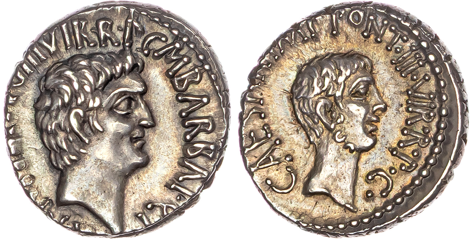 Roman Imperatorial, Mark Antony and Octavian, AR Denarius, Ephesus, Spring / Summer 41 BC, 3.76g.
