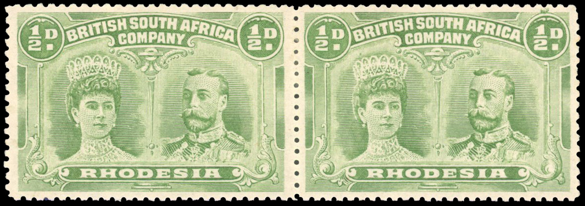 Rhodesia 1910-13 ½d bluish green perf 14 bomb flaw