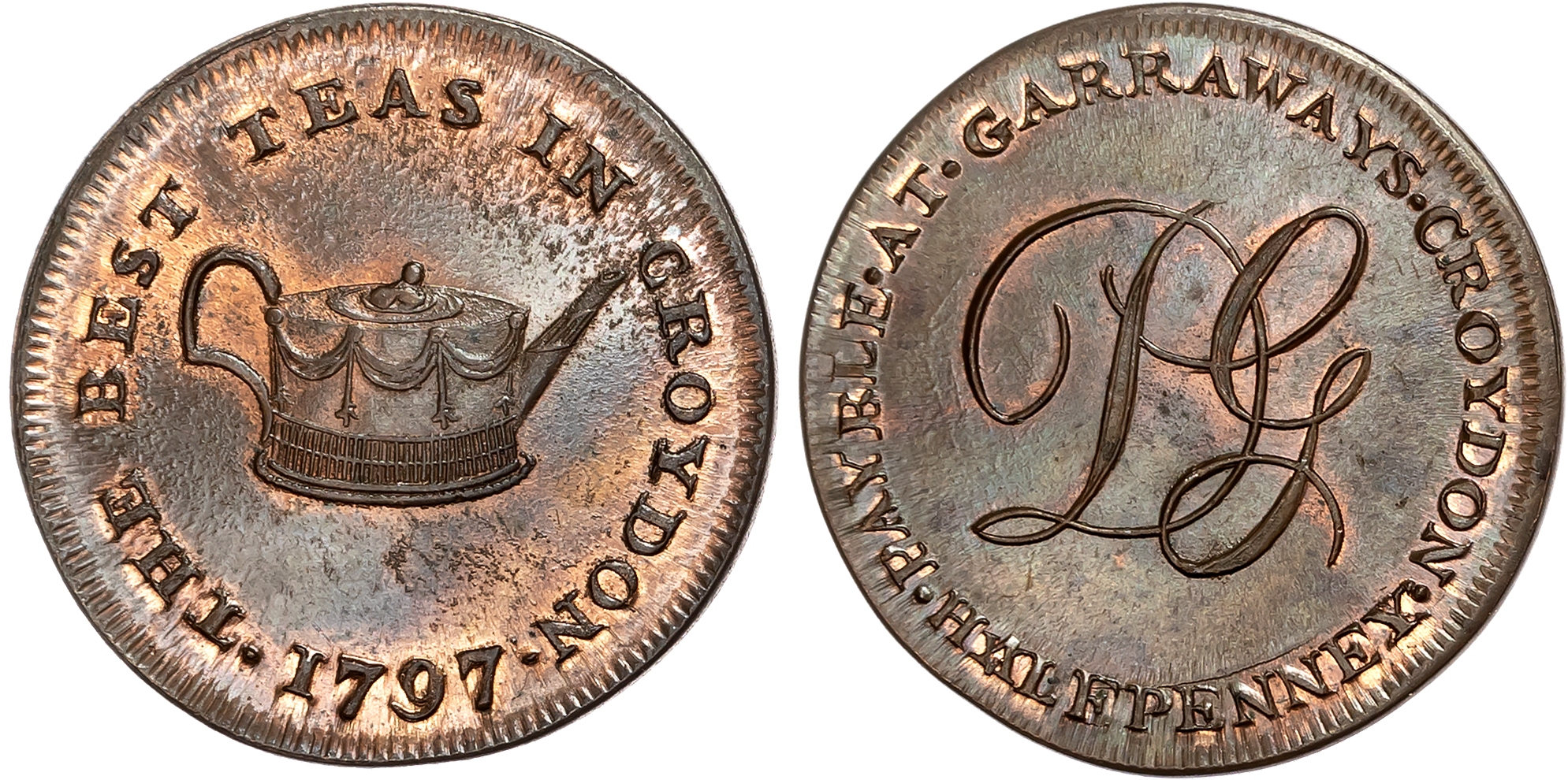 Surr . Croydon , Daniel Garraway (tea-dealer and grocer) Halfpenny 1797, Teapot, rev. DG cypher, edge plain and rounded, …