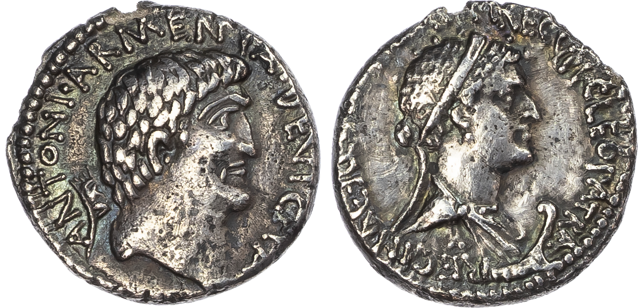 Cleopatra and Mark Antony (32 BC), AR Denarius, moving mint, 3.61g. 