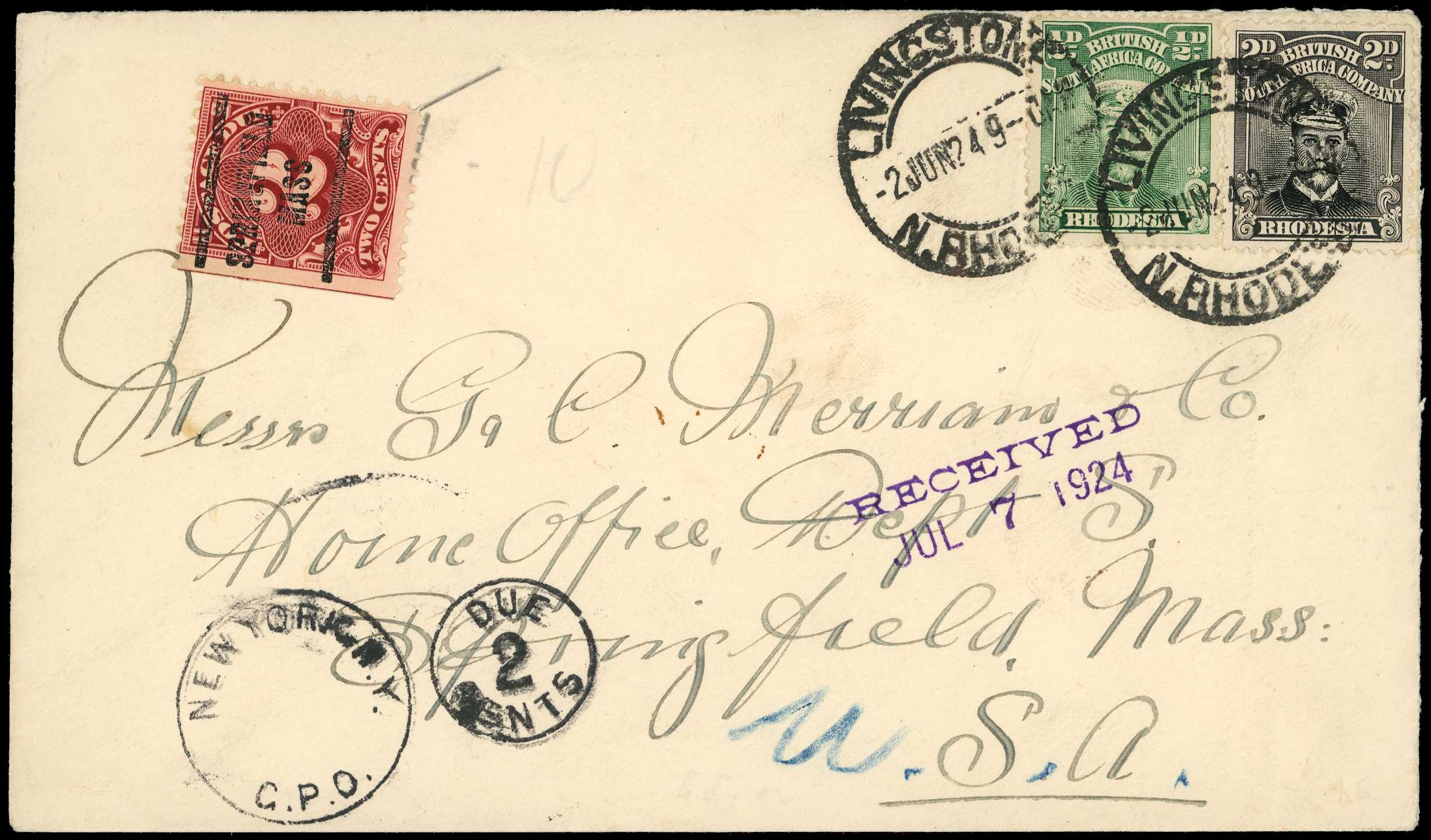 1924 envelope to USA bearing ½d and 2d black...