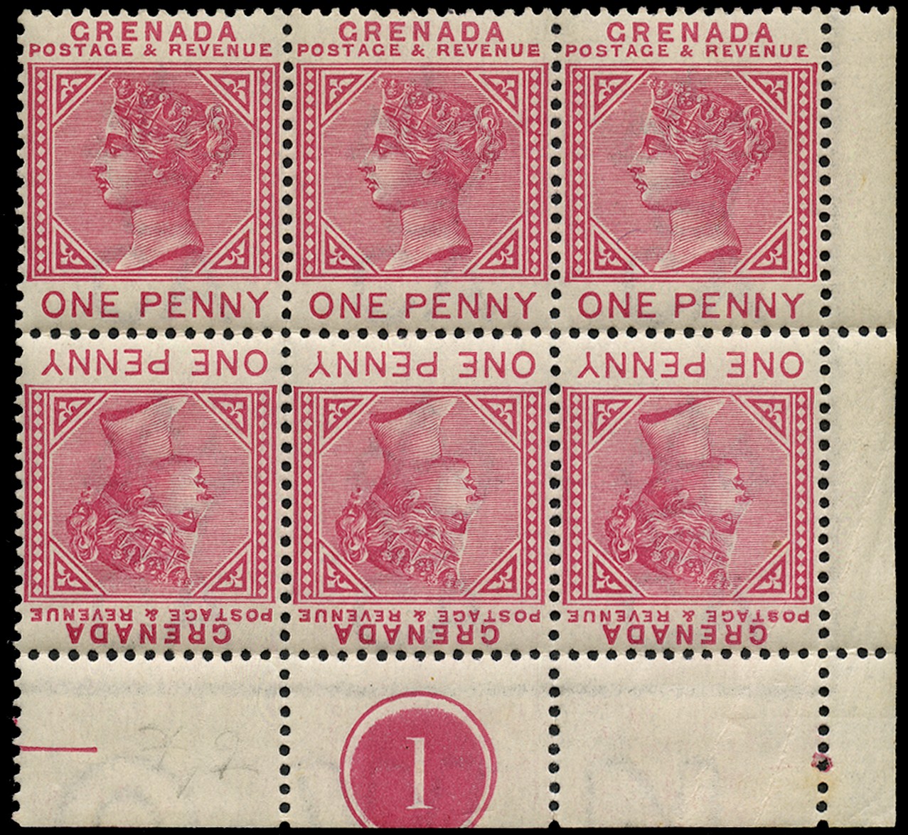 1883 1d carmine, lower right corner plate...