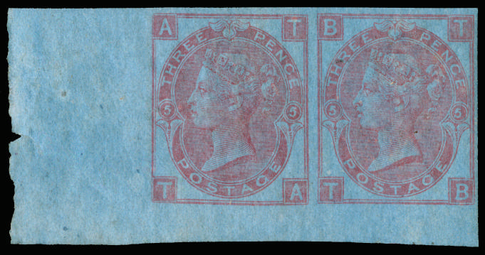 Great Britain 1868 3d Rose Pl.5. Very fine unused o.g. bottom left hand corner marginal imperforate horizontal pai…