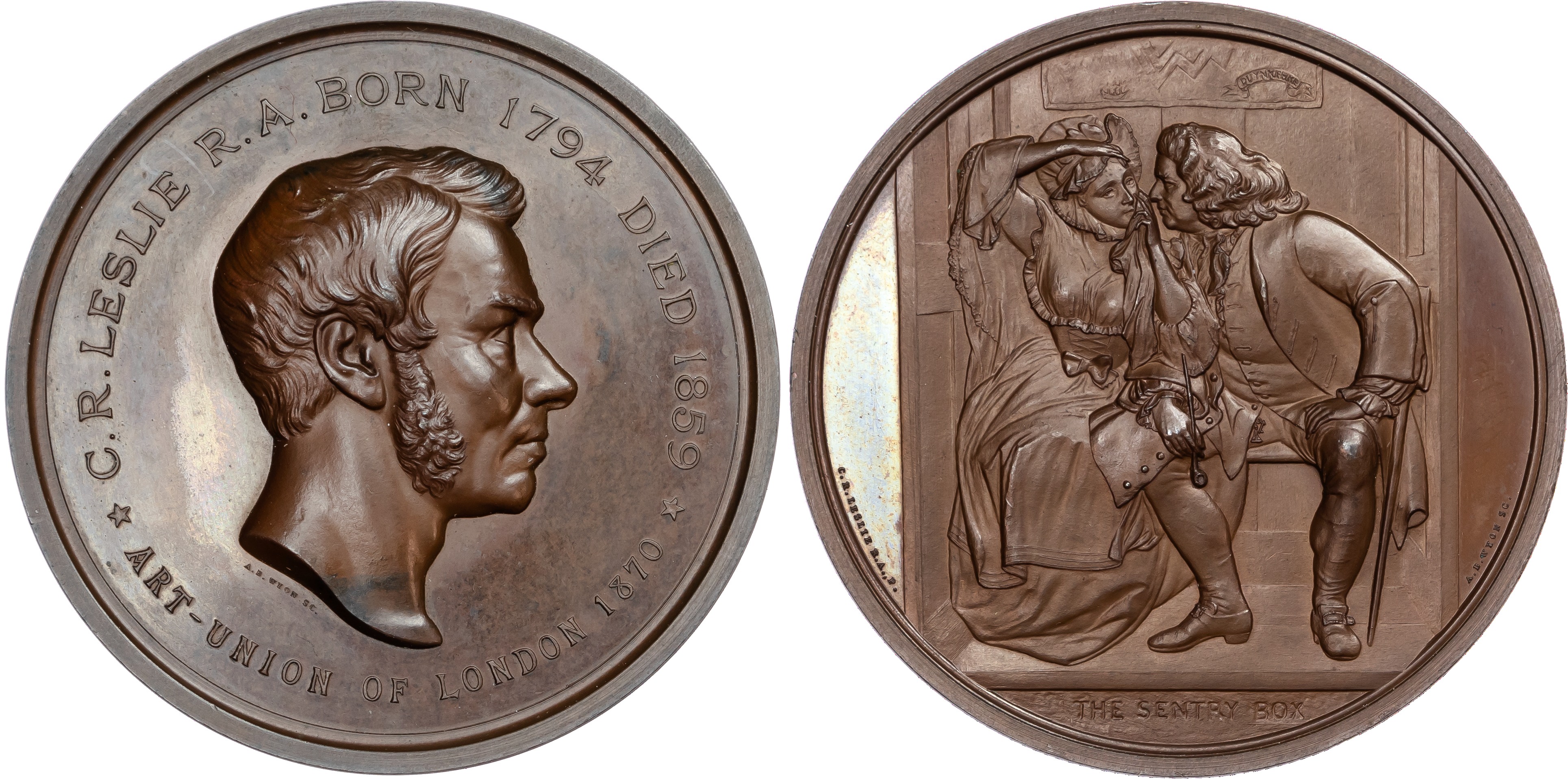 Charles Leslie (1794‑1859), painter, copper medal (55mm/100.05gm) 1870 by A. B. Wyon for the Art Union of London Series.