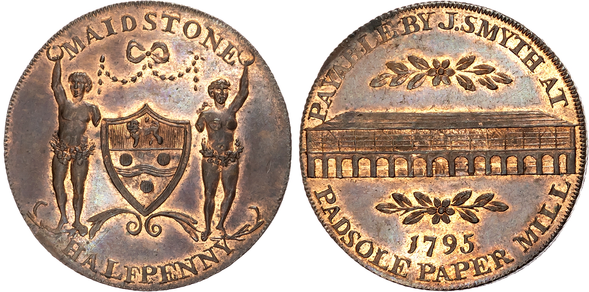 Kent, Maidstone , James Smyth (paper manufacturer) Halfpenny 1795, view of paper mill, rev . Arms and supporters of Mai …